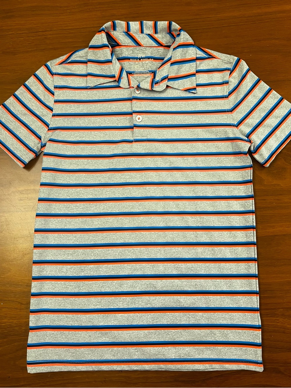 Rorie Whelan Golf Boys Polo Shirt Size L (10/12) Gray Blue Orange Striped